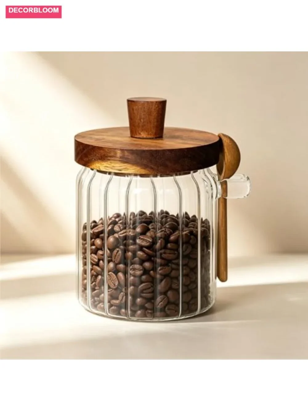 Striped Glass Food Storage Jar with Acacia Wood Lid and Spoon 13.5oz